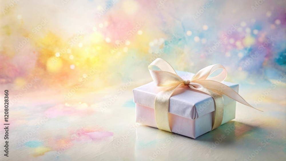 A delicately wrapped gift box with a light beige ribbon sits on a pastel-colored surface, bathed in soft, shimmering light. A delicately wrapped gift box with a light beige ribbon sits on a pastel-colored surface, bathed in soft, shimmering light.