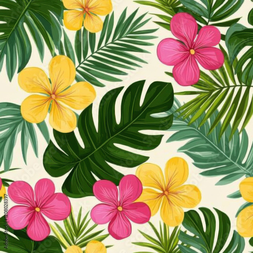 Seamless pattern of tropical leaves and vibrant flowers in yellow and pink, creating lively and cheerful atmosphere. Perfect for summer themed designs