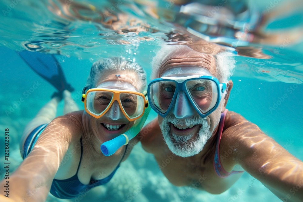 Naklejka premium Underwater senior couple wearing snorkel masks, embracing a fun and adventurous activity.