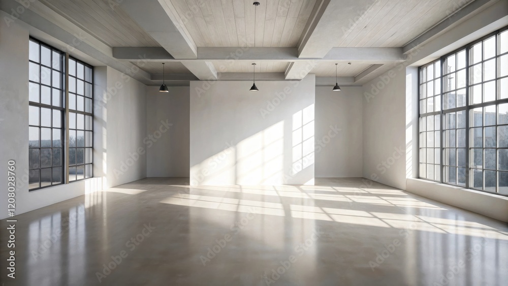 Sunlit Empty Industrial Loft Space with Polished Concrete Floor and Large Windows Sunlit Empty Industrial Loft Space with Polished Concrete Floor and Large Windows