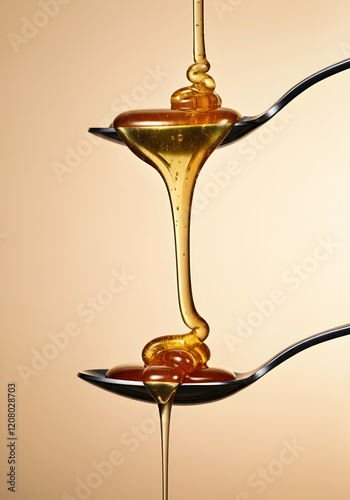 A natural and minimalist close-up of two metallic spoons aligned vertically, with golden honey dripping smoothly from the top spoon to the bottom. The set against a neutral light background.