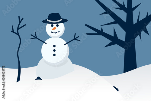 vector winter illustration snow with a snowman with a carrot instead of a nose and coal buttons on a wood background