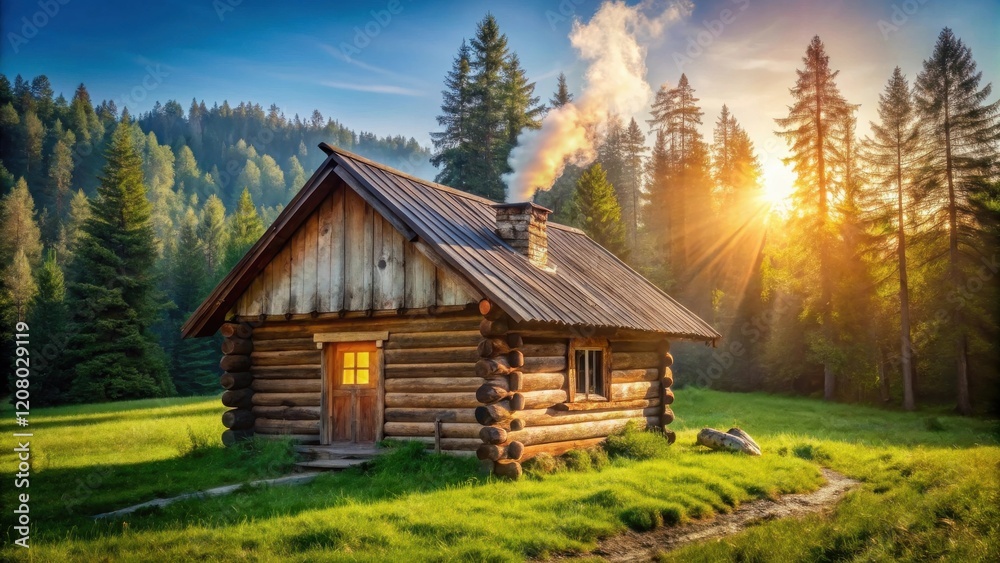 Serene Sunrise Illuminates Rustic Log Cabin in a Verdant Forest Serene Sunrise Illuminates Rustic Log Cabin in a Verdant Forest