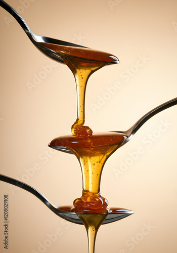A natural and minimalist close-up of two metallic spoons aligned vertically, with golden honey dripping smoothly from the top spoon to the bottom. The set against a neutral light background.