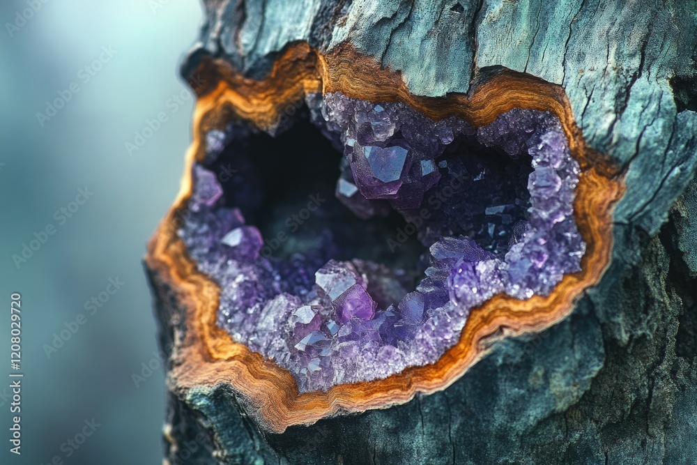 Fototapeta premium Amethyst geode nestled within a weathered tree trunk, showcasing vibrant purple crystals and rich wood grain.