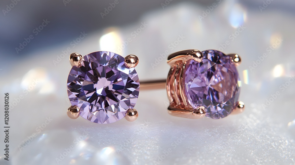 Fototapeta premium Elegant Rose Gold Earrings with Purple Gemstones on Shimmering Background