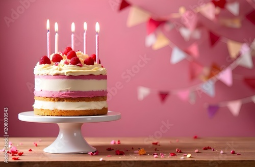 Festive birthday cake with candles on pink background