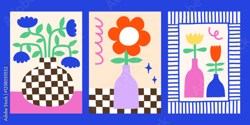 Creative groovy flowers in vases vector posters design set. Bright playful colorful checkered abstract print templates