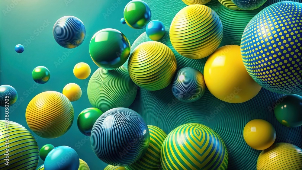 Fototapeta premium Abstract Sphere Composition Vibrant Yellow and Green Spheres with Varied Textures and Patterns on Teal Background