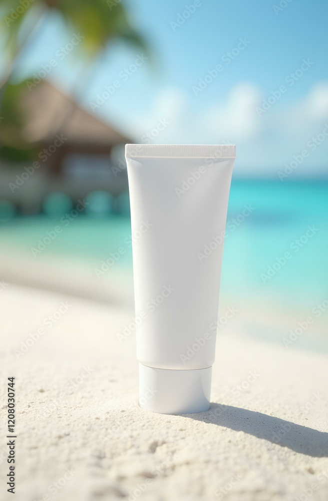 Medical skincare and beauty treatment product mockup—cosmetic lotion, cream, serum, or oil bottle—placed on sandy beach with a tropical sea backdrop. Medical skincare and beauty treatment product mockup—cosmetic lotion, cream, serum, or oil bottle—placed on sandy beach with a tropical sea backdrop.