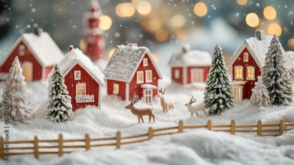 Snowy Scandinavian village scene with red houses, wooden fences, and reindeer figurines Snowy Scandinavian village scene with red houses, wooden fences, and reindeer figurines