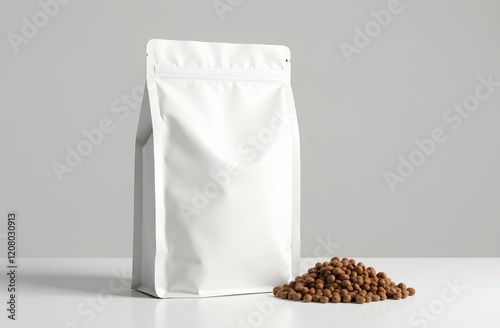Pet Food Product Blank Paper Bag Package. Foil Pouch Packaging Eatery Pet Food For Feeding Domestic Animal Dog Or Cat. Snack Sachet Pack Zoo Store Mockup 