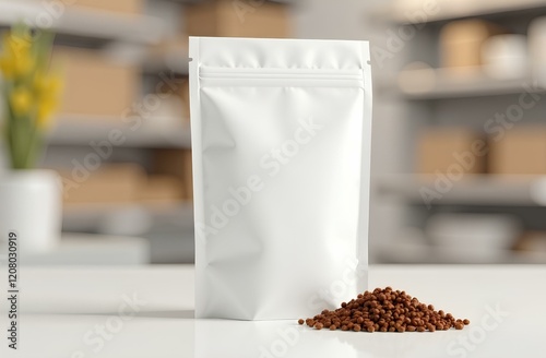 Pet Food Product Blank Paper Bag Package. Foil Pouch Packaging Eatery Pet Food For Feeding Domestic Animal Dog Or Cat. Snack Sachet Pack Zoo Store Mockup 