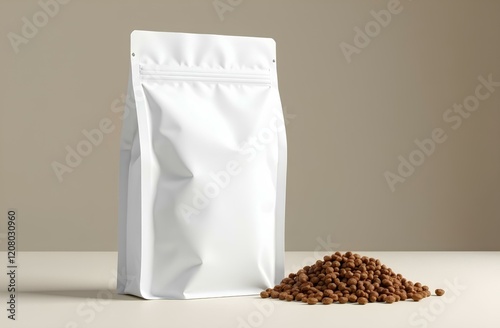 Pet Food Product Blank Paper Bag Package. Foil Pouch Packaging Eatery Pet Food For Feeding Domestic Animal Dog Or Cat. Snack Sachet Pack Zoo Store Mockup 