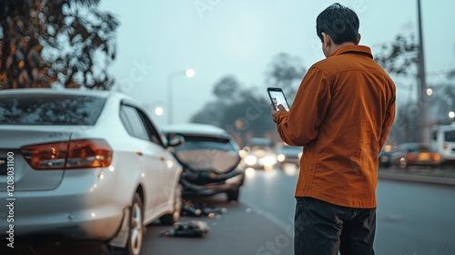 Driver photographing damaged vehicles with a smartphone after a traffic accident on a city street, contacting the insurance company for assistance with the claim