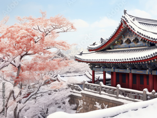 Wallpaper Mural serene winter scene featuring traditional Asian building surrounded by snow covered trees and vibrant pink tree. architecture showcases intricate details under clear blue sky Torontodigital.ca