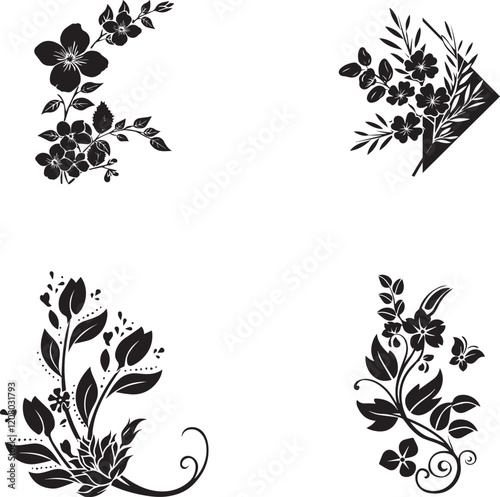 Floral vintage ornaments floral corner border silhouette vector isolated