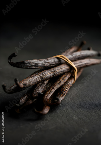 A natural and rustic close-up of vanilla pods, arranged together to highlight their rich, rugged textures and earthy tones. The composition is illuminated by directional warm white lighting.