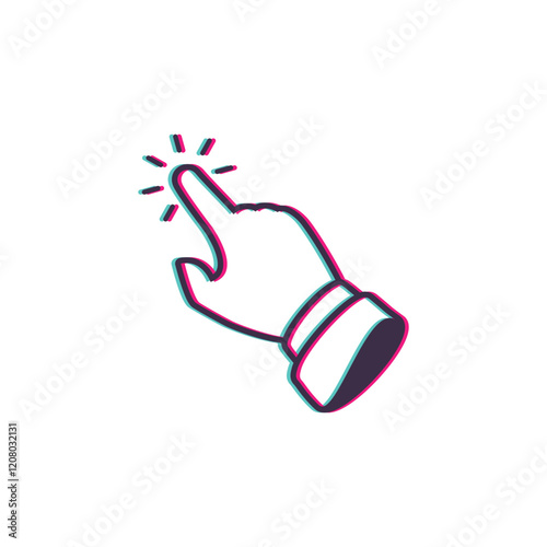 Click here the button. Hand sign with touching a buttons or pointing finger. Hands cursor icon.