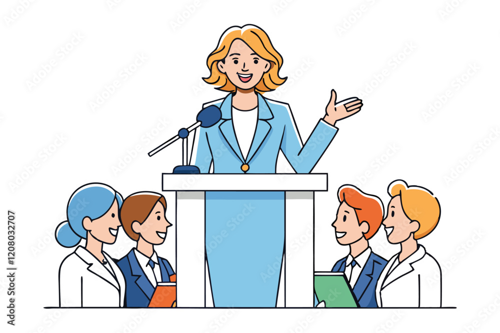 A businesswoman giving a speech, she stands at a podium vector art illustration.eps A businesswoman giving a speech, she stands at a podium vector art illustration.eps