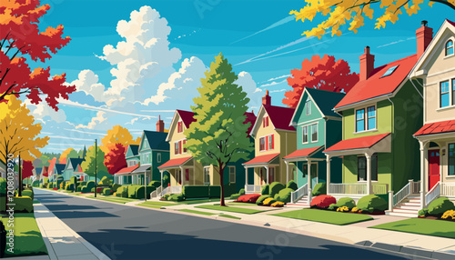 Colorful Suburban Street with Autumn Trees