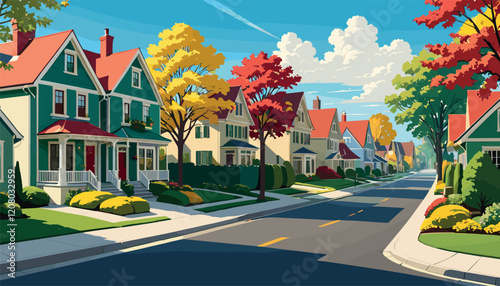 Colorful Suburban Street with Autumn Trees