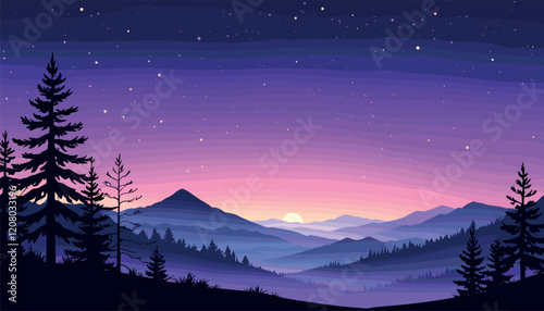 Starry Night Over Silhouetted Mountain Landscape