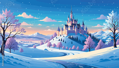 Fairy Tale Winter Castle in Snowy Landscape