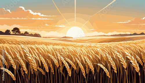 Golden Wheat Field at Sunrise with Farmhouses