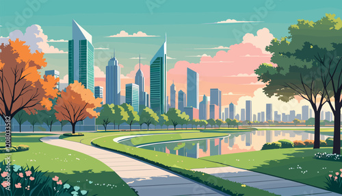 Modern Cityscape with Park and Reflective Pond