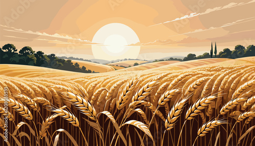 Golden Wheat Field at Sunrise with Farmhouses