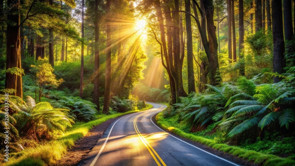 Fototapeta premium Sunlit Winding Road Through Lush Green Forest with Ferns