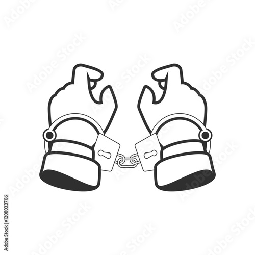 Handcuffs on the hands of the criminal. Arrested man in handcuffs illustration in flat style. A crime, corruption and arrest concept.