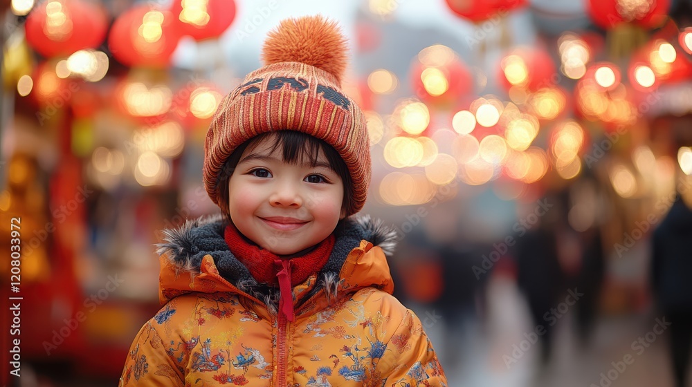 Smiling Child at Lantern Festival. A charming toddler, bundled in a warm orange coat and hat, beams radiantly amidst a bokeh of glowing red lanterns. Smiling Child at Lantern Festival. A charming toddler, bundled in a warm orange coat and hat, beams radiantly amidst a bokeh of glowing red lanterns.