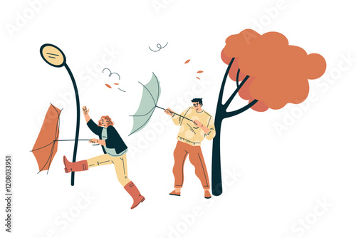 Storm with Man and Woman Character Struggle with Umbrella in Hurricane Vector Illustration