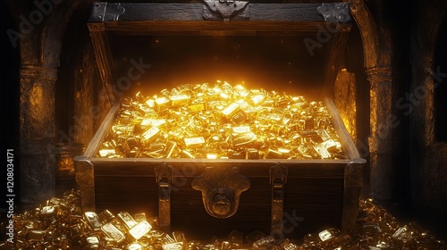 A Treasure Chest Filled with Golden Bars in a Dark, Mysterious Setting