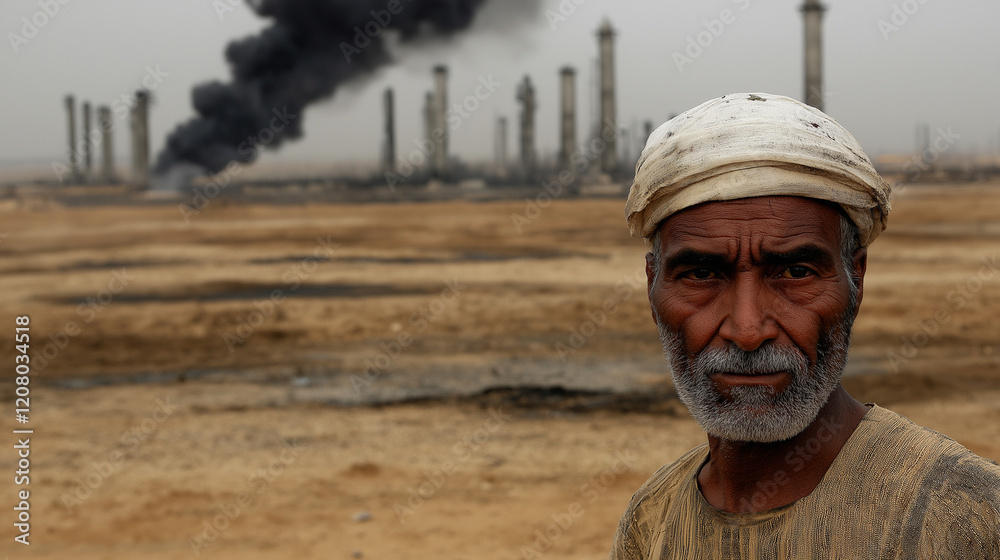 Oil Field and Man: A weathered man, his gaze intense, stands before a burning oil field, the dark smoke billowing in the background, a stark contrast to the arid landscape. Oil Field and Man: A weathered man, his gaze intense, stands before a burning oil field, the dark smoke billowing in the background, a stark contrast to the arid landscape.
