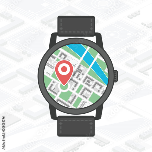 Smart Watch Navigator. Illustration of digital watch on the background map. Gps concept in flat style.