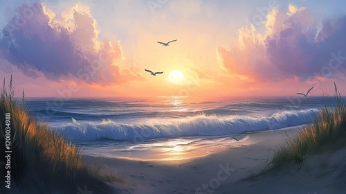 Serene Sunset Seascape: A Coastal Painting of Tranquility