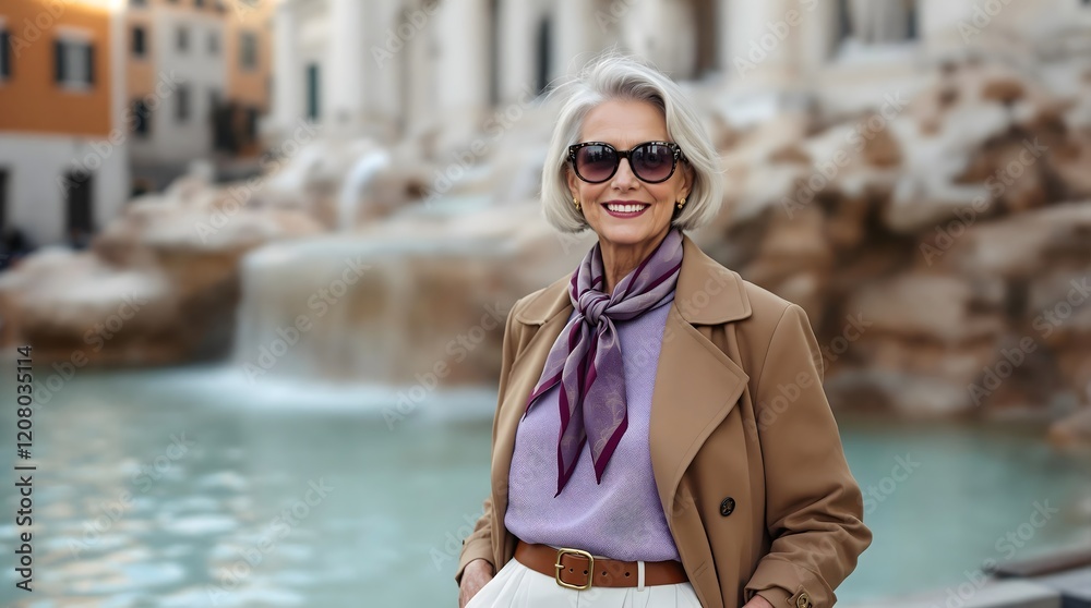 Fototapeta premium Sophisticated older woman posing near the iconic Trevi Fountain in Rome, wearing elegant clothing and accessories (Travel) (Aging)