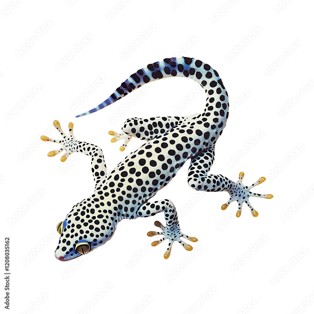 Obraz premium Stunning close-up of a vibrant, spotted gecko isolated on a pure white background. Perfect for zoology, reptile, or nature-themed projects.