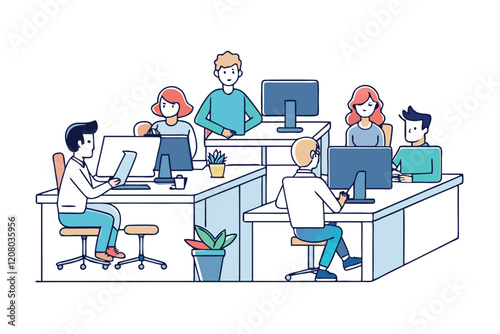 An open office workspace, several employees are at desks vector art illustration.eps