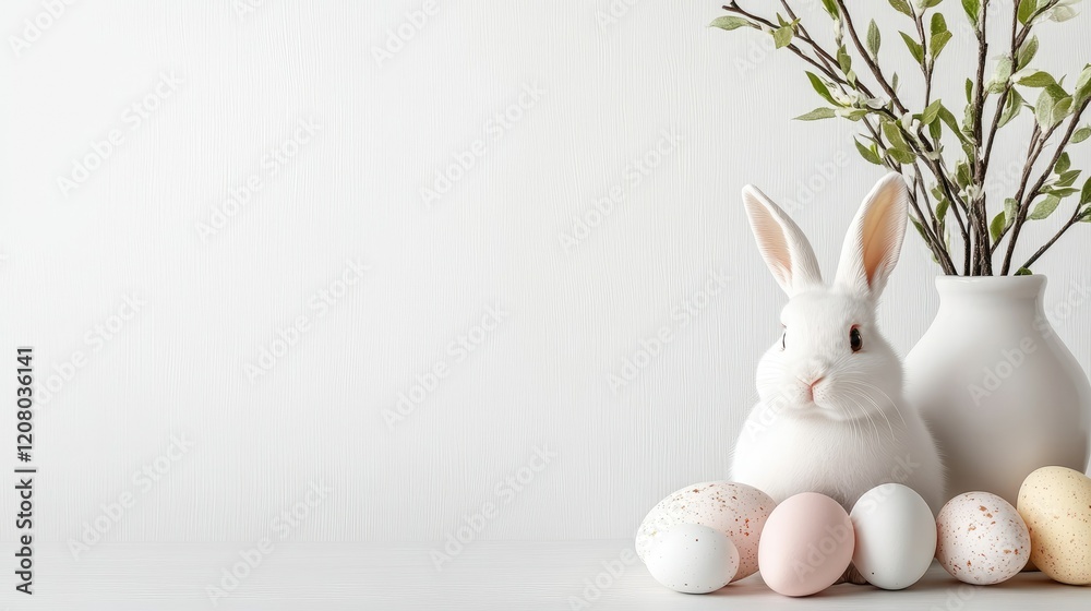 Obraz premium Decorated Easter eggs and a white bunny next to a vase of greenery create a festive spring atmosphere for celebrating the holiday