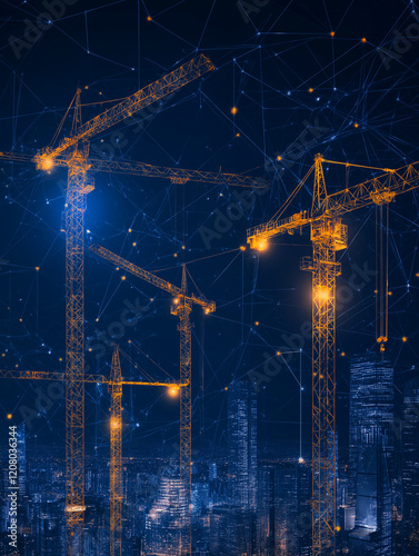 Urban Evolution:  A captivating blend of industrial might and futuristic technology, cranes loom over a glowing cityscape.