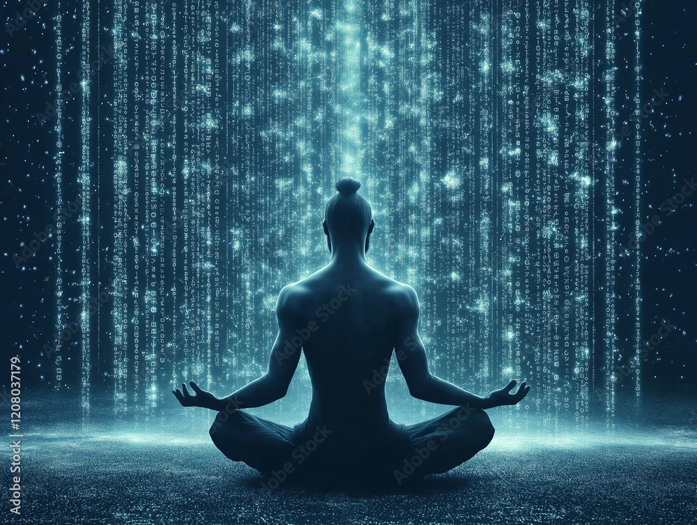 Digital Serenity: A person sits in lotus position, their back to the camera, meditating before a cascading wall of digital light particles. Digital Serenity: A person sits in lotus position, their back to the camera, meditating before a cascading wall of digital light particles.
