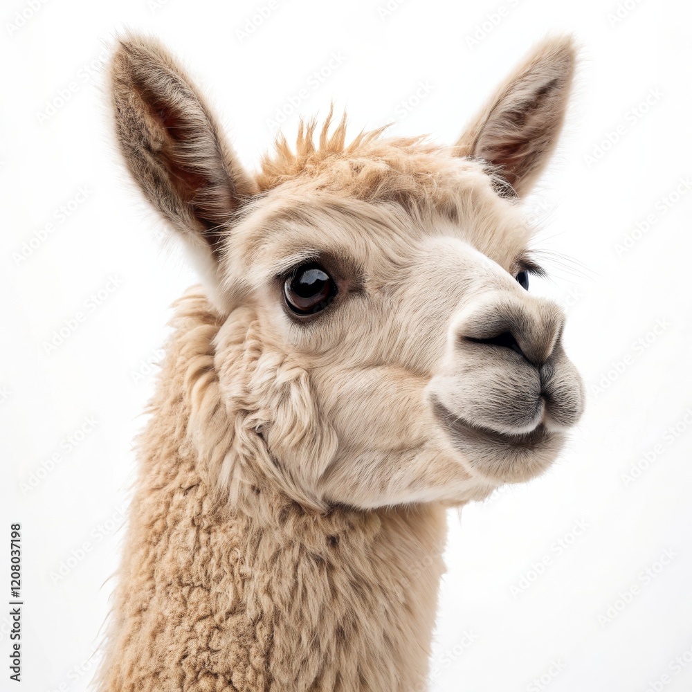 Obraz premium Close-up Portrait of a Beige Alpaca, Fluffy Texture, White Background, Animal Photography, Alpaca Portrait Alpaca, Camelid
