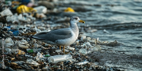 Seagull Standing Amidst Pollution at Beach Shoreline photo