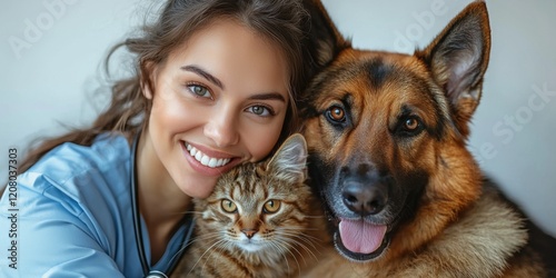 Smiling woman with cat and dog in cozy indoor environment
