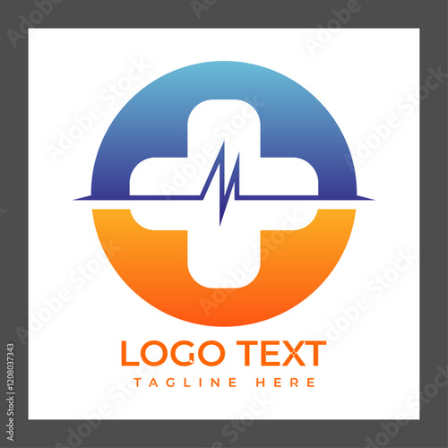 A circular logo featuring a blue and orange gradient. The center has a white medical cross symbol with a heartbeat line running through it