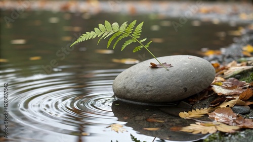 Fern on Stone by Still Water Zen Garden Composition, Autumn Leaves, Tranquil Scene. ,zen garden, nature photography photo